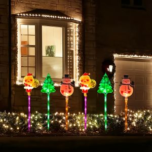 6PCS Weatherproof Solar Christmas Stakes - Santa/Snowman/Tree Shapes 8 Lighting Modes Garden Path Decor