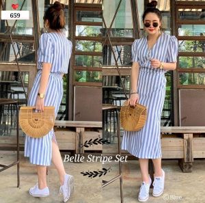 ●ECLAIRE● 063 Setelan Rok Lengan Pendek Shortsleeves Motif Salur Stripe Garis-garis Korea Kasual Casual Kerja Kantor Mode Modis bsg