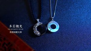 Kalung Ring Batu Bulat Warna Silver Hitam Putih / Vintage Silver Carved Stone Ring Obsidian Clear Pendant + Chain / Transparent Black White Stone Necklace / Kalung Pasangan Kalung Couple / Couple Necklace / Friendship Necklace Kalung Persahabatan