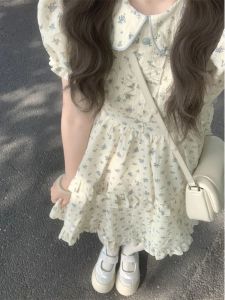 Floral Print Dress with Doll Collar for Teenage Girls Short A-Line Skirt Long Sleeve Chinese Style Clothing for Fourteen Year Olds
