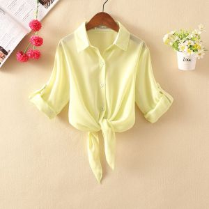 Summer 2025 Womens Chiffon Shawl Coat Short Thin Sun Protection Outerwear Cardigan Stylish Polo Collar Seven Sleeve Butterfly Knot