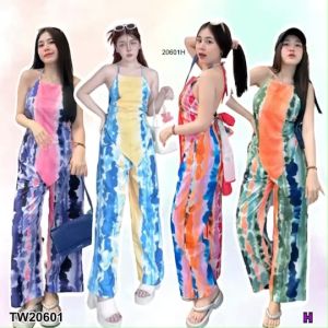 TW20601 Set 2 ชิ้น เสื้อสายเดี่ยวคล้องคอ โบว์หลัง + กางเกงขากระบอก พิมพ์ลายมัดย้อม #ลายทาตรง