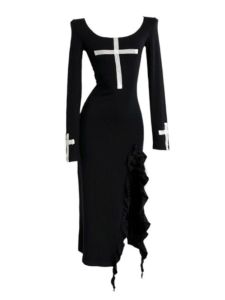 Dây Dệt Kim Halloween Holy Nun Cross Đầm Nữ Dài Tay Dài Cay Mùa Thu Dài Đầm Cao Vòng Eo Dáng Chữ A Phong Cách Cool Ngầu Mùa Xuân Mùa Thu