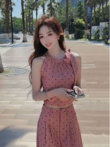 Summer Polka Dot Sleeveless Vest And High Waist Wide Leg Pants Two Piece Set for Short Women Fashionable Outfit Ensemble