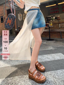 กระโปรงสั้นผ้าเดนิมทรงเอเอวสูงปักลาย กระโปรงสั้นผ้าตาข่ายชั้นในแบบสวมใส่หลายชั้น ดีไซน์เก๋ไก๋ สไตล์วินเทจ ฤดูร้อน 2024 กางเกงขาสั้นผู้หญิง