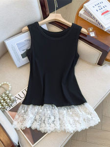 Black Lace Hem Crop Top Womens Summer 2025 Outerwear Vest Layering Base Shirt Inner Wear plus Size Belly Cover