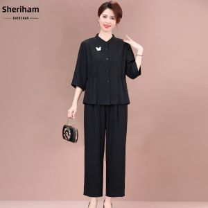 SHERIHAM | Youthful Slimming Mid-Age Summer Outfit Set 7/8 Sleeve Top Wide Leg Pants