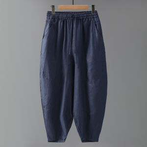 Pure Linen Mens Casual Pants White Slim Fit Vintage Luxury Full Linen Fabric Large Size Wide Leg Pants Nine Point Pants