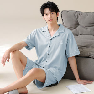 MiiOW | ชุดนอนผ้าฝ้ายแท้สำหรับผู้ชาย MiiOW ฤดูร้อน 2025 ชุดลำลองสำหรับใส่ในบ้านและไปกลางแจ้ง กางเกงขาสั้น แขนสั้น คอตั้ง สีพื้น
