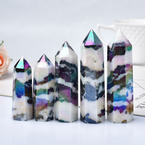 Natural crystal stone Electroplated black and white zebra Single pointed hexagonal prism Rough polished energy column Decorative Accessories