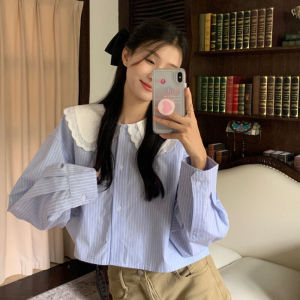 Chic French Doll Top Long Sleeve Shirt for Women Loose Fit Patchwork Design Autumn Season Versatile Casual Wear