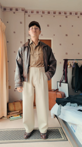 Common Until - Rope Barrel-leg Trousers (Cream / Black) กางเกงทรงบาเรล กางเกงขายาว ทรงขาบอลลูน