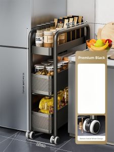 Multi-Layer Floor Standing Kitchen Storage Rack Refrigerator Organizer Carbon Steel Rust-Resistant Spice Storage Shelf