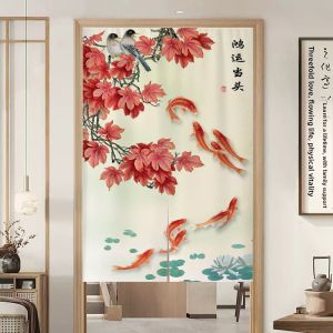 Chinese Style Fabric Kitchen Door Curtain Privacy Curtain Living Room Bedroom Partition Semi-Curtain Home Bathroom Toilet No Drilling