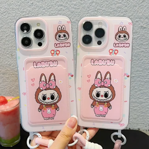 Pink cartoon labubu card pocket phone case for iPhone 11 12 13 14 15 16 Pro Max Plus casing Wear a hanging rope anti fall protective cover for iPhone16 case