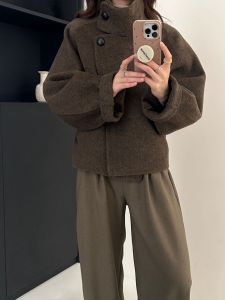 Double-Sided Woolen Short Coat Korean Style Side Single Button Cashmere Jacket Commute Straight Tube Long Sleeve Stand Collar