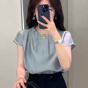 Áo Sơ Mi Nữ Tay Ngắn Màu Xanh Pháp Mùa Hè 2025 Mới Về Chất Liệu Satin Axit Cao Cấp Thời Trang Công Sở Dáng Rộng Cổ Tròn Cotton 100%