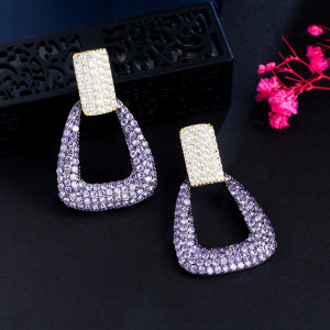 SEQUITO Fashion Women Jewelry Yellow Black Gold Plated Full Micro Pave Purple White AAA Cubic Zircon Crystal Geometry Statement Ear Drop Dangle Prom Earrings for Costume Accessories SE655