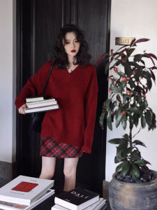 Red Color Christmas Theme Elegant Lady Style Dress Set High Waist A-Line Skirt Long Sleeve V-Neck Polo Dress for Autumn Winter