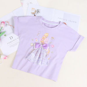 Summer Cotton T-Shirt for Girls Short Sleeve Casual Lightweight Princess Style Childrens Wear Trendy round Neck Cartoon Print