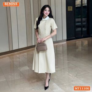 Đầm thiết kế BEMINE cổ sen đính cúc kẻ sọc dáng chữ A phù hợp đi làm-MT11106