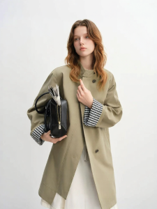 DUSHU | Lapel Collar Plaid Stitching Loose Coat