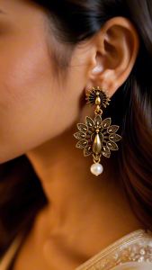 [SG] Vintage Peacock Pearl Drop Earrings | Antique Gold Statement Earrings | Peacock Floral Earrings | Ethnic Boho Earrings | ear me out (EMO-56)