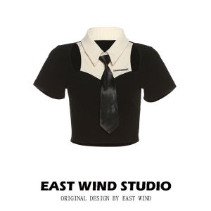 East Wind Spicy Girl Design Color Block Polo Neck Short Sleeve T-Shirt Hollow out Sweet And Spicy Short Style Slimming Top