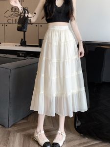 Elegant Chiffon Cake Skirt Half-length Womens Summer Super Fairy White Gauze Skirt High Waist A-line Long Skirt