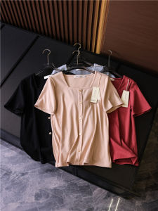 Slimming Solid Color Ribbed Button Decorated Square Collar Casual Summer New Arrival Commuter Short Sleeve Womens T-Shirt