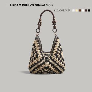 URCDN RDALVO | French Wooden Bead Woven Large Capacity Straw Tote Bag