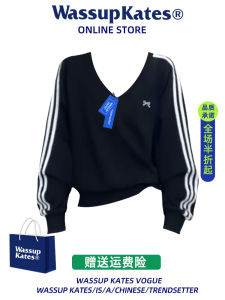 Wassup Kates สไตล์อเมริกัน คอวี ปมผีเสื้อลาย สีดำ เสื้อสเว็ตเชิ้ต ผู้หญิง ลำลอง Sport Thin เสื้อท่อนบน ฤดูใบไม้ร่วง ฤดูหนาว