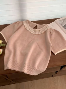 French Style Pink Lace Collar Knitted Top Women Summer New Gentle Sweet Loose Short Sleeve T-Shirt Korean Version Comfortable Fit