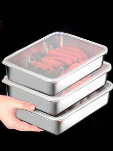Stainless Steel Food Grade Storage Box with Lid Square Dish Fridge Picnic Box Kitchen Dumpling Box Food Preservation Container