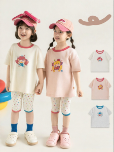 YOEHYAUL | Bộ Quần Áo Cho Bé Gái Mùa Hè Chống Khuẩn Áo Thun Tay Ngắn Chấm Bi Leggings
