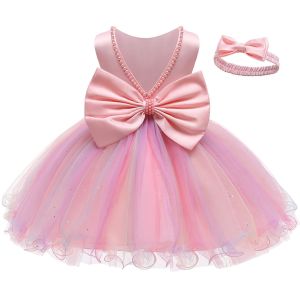 LZH | Infant Baby Tulle Backless Pageant Wedding Party Flower Girls Big Bow Dress With Headwear For Toddler Baptism Birthday Prom Gown