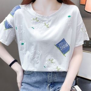 Womens T-shirt New Fashionable Casual Printed Short Sleeved Loose and Versatile Round Neck Trendy Top