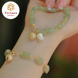 Viviann Original Design Bell Orchid Bracelet Female Hetian Jade Bracelet Antique Gold Bracelet For Women Jewelry Girls Gifts Green Jade Bangle Charm Jewellery Fashion Accessories Amulet Gifts