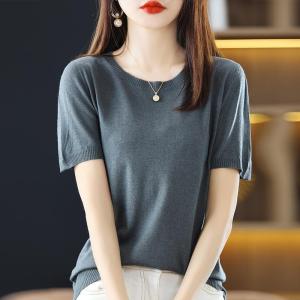 Summer New Arrival Womens Knitted Short Sleeve T-Shirt round Neck Thin Wool Casual Versatile Top Korean Style Loose Fit