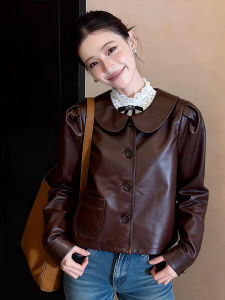 DANTING | Stylish Vintage Short Brown Leather Jacket Doll Collar