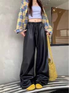 กางเกงลำลองผู้หญิงไซส์ใหญ่เอวยางยืด กางเกงขายาวทรงตรง ผ้า PU สวมใส่สบาย ฤดูใบไม้ร่วง 2024 กางเกงขายาวทรงตรงสำหรับผู้หญิง