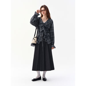DUSHU | Flared Ruffled V-neck Plaid Shirt with Drawstring and Long Sleeves for Work Wear