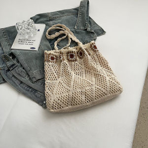 Grandma Style Knitted Bag Womens Summer Beach Vacation Handwoven Wool Mesh Pocket Commuter Tote Bag Single Shoulder Bag