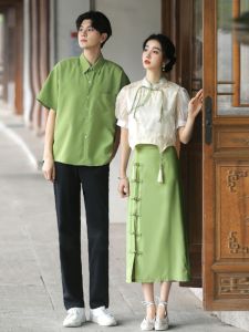 Chinese Style Couple Wear New Chinese Style Business Attire Graduation Han Dynasty Womens Summer Short Sleeve Students Clothing during the Republic of China Performance Costumes