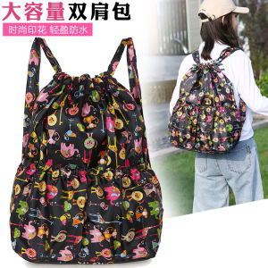 Large Capacity Waterproof Rucksack Womens Drawstring Pocket Flower Cloth Bag Middle-Aged and Elderly Backpack Grocery Shopping Bag Convenient Plastic Bag