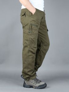 Spring Summer Mens Casual Cotton Work Trousers Outdoor Travel Loose Straight Leg Large Size Leisure Pants Multiple Pockets