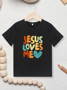 Bandai | Jesus Loves Me Print T-shirt for Girls And Boys Soft round Neck Short Sleeve Colorful Letters Cute Top