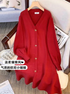 Red Heavyweight Knitted V-neck Dress Korean Style Long Sleeve Autumn Winter H-shaped Slimming Sweater Dress for plus Size Women