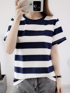 Blue White Stripes Loose Fit Short Sleeve Cotton T-Shirt Womens Casual Thin Style Summer Top round Neck Splice Pattern