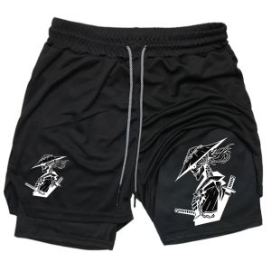 Skeleton Warrior Print Performance Shorts Men 2 in 1 Running Shorts Training Yoga Gym Sportswear Workout Shorts with Pockets